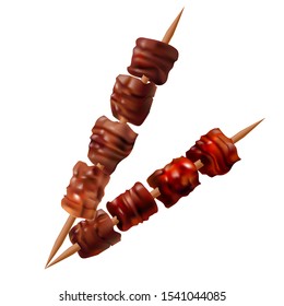 Realistic 3d Detailed Kebab Served on Wooden Skewers Set. Vector illustration of Grilled Meat Turkish Dish