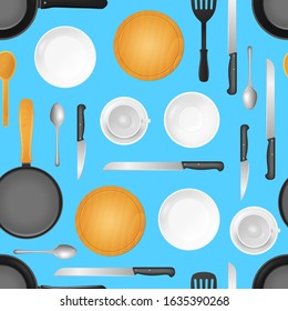 Realistic 3d Detailed Kitchenware or Kitchen Utensils Seamless Pattern Background Include of Spoon, Pan, Fork, Knife and Dish. Vector illustration