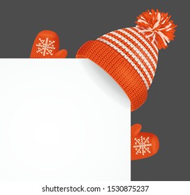 Realistic 3d Detailed Knitted Hat and Mittens with Snowflake on a Corner White Sheet of Paper . Vector illustration