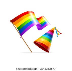 Realista 3d Detalhado Lgbtq Rainbow Flag e Hat Set Isolado em um Símbolo de Fundo Branco de Lésbica e Gay. Ilustração vetorial