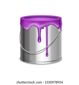 Realistic 3d Detailed Liquid Purple Paint Metallic Bucket for Decoration, Renovation, Housework or Repair. Vector illustration