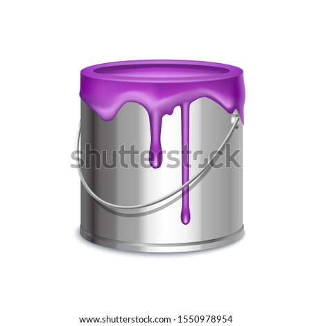 Realistic 3d Detailed Liquid Purple Paint Metallic Bucket for Decoration, Renovation, Housework or Repair. Vector illustration