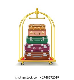 Realistic 3d Detailed Luggage Trolley Cart with Suitcase and Bag for Hotel Symbol of Tourism and Travel on a White. Vector illustration