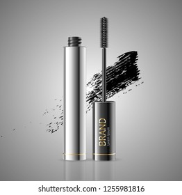 Realistic 3d Detailed Mascara Package with Eyelash Applicator Brush Makeup Concept for Web. Vector illustration of Luxury Cosmetic