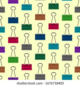 Realistic 3d Detailed Metal Color Binder Clip Seamless Pattern Background on a White Holder Paper Sheet. Vector illustration of Stationery Office Clips