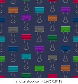 Realistic 3d Detailed Metal Color Binder Clip Seamless Pattern Background Holder Paper Sheet. Vector illustration of Stationery Office Clips