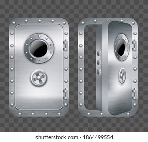 Realistic 3d Detailed Metal Door with Porthole Set for Laboratory, Bunker or Submarine on a Transparent Background. Vector illustration