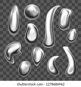 Realistic 3d Detailed Metal Silver Droplets Set on a Transparent Background. Vector illustration of Glossy Liquid Drop