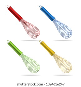 Realistic 3d Detailed Metal Wire Stainless Balloon Whisk Set Kitchen Hand Equipment for Prepare Cream Cake. Vector illustration