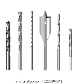 Realistic 3d Detailed Metallic Drill Bits Set Tools for Construction Work, Drilling Hole. Vector illustration of Bit