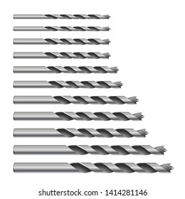 Realistic 3d Detailed Metallic Drill for metal for perforator Bits Set Tools for Construction Work, Drilling Hole. Vector illustration EPS10