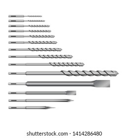 Realistic 3d Detailed Metallic Drill for rock-drill or perforator Bits Set Tools for Construction Work, Drilling Hole. Vector illustration EPS10