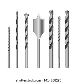 Realistic 3d Detailed Metallic Drill Bits Set Tools for Construction Work, Drilling Hole. Vector illustration EPS10