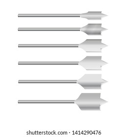 Realistic 3d Detailed Metallic Drill for wood Bits Set Tools for Construction Work, Drilling Hole. Vector illustration EPS10