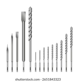 Broca metálica detalhada 3d realista para perfuração de rocha ou perfurador Bits Set Tools para o trabalho de construção, furos de perfuração.