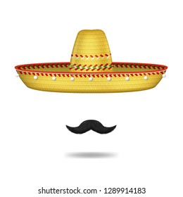 Realistic 3d Detailed Mexican Sombrero Hat and Mustache Set. Vector illustration of Traditional National Mexico Element Costume