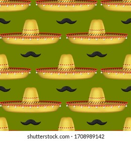 Realistic 3d Detailed Mexican Sombrero Hat Seamless Pattern Background . Vector illustration of Traditional National Mexico Element Costume