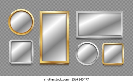 Realistic 3d Detailed Mirror with Silver and Golden Frame Set Different Shape on a Transparent Background. Vector illustration