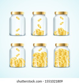 Realistic 3d Detailed Money in Jar Set Investment or Save Concept on a White Background. Vector illustration