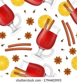 Realistic 3d Detailed Mulled Red Wine Seamless Pattern Background on a White Symbol of Traditional Spice Alcohol Drink. Vector illustration