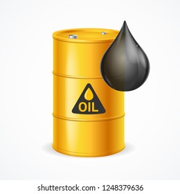 Realistic 3d Detailed Oil Barrel and Black Drop. Vector illustration of Metal Container for Storage Liquid Fuel