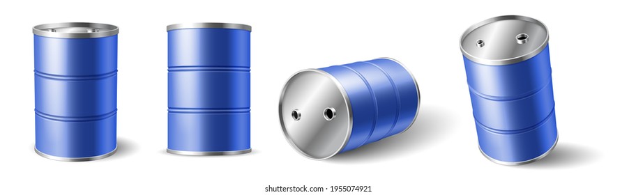 Realistic 3d detailed oil barrels set from different sides. Metal container for storage and transportation of liquid fuel. Petroleum barrels. Vector illustration
