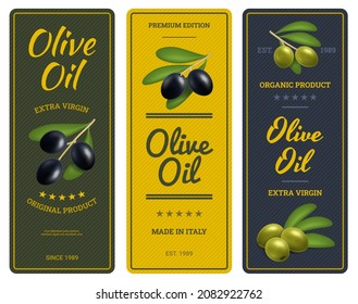 Realistic 3d Detailed Olive Oil Labels with Olive Branch Set Extra Virgin Organic Product Premium Edition. Vector illustration