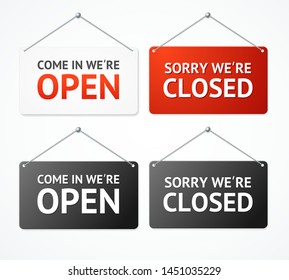 Realistic 3d Detailed Open and Closed Signs Set for Door. Vector illustration of Informative Signboard for Business