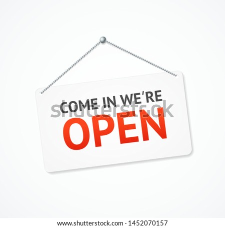 Realistic 3d Detailed Open Hanging White Rectangle Sign for Bar, Cafe, Restaurant and Supermarket. Vector illustration