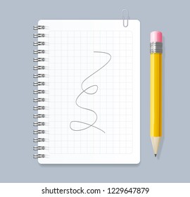 Realistic 3d Detailed Open Notebook Lined Spiral with Paperclip and Wooden Pencil. Vector illustration of Note or Organizer