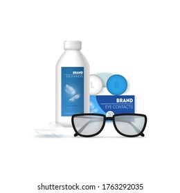 Realistic 3d Detailed Optometry Accessory Set on a White Include of Eyeglasses, Lens, Optic Product Box, Container and Bottle. Vector illustration