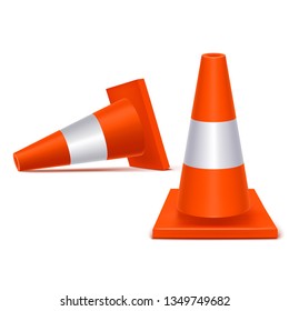 Realistic 3d Detailed Orange Plastic Traffic Cones Set Symbol of Safety on Road. Vector illustration of Caution Sign
