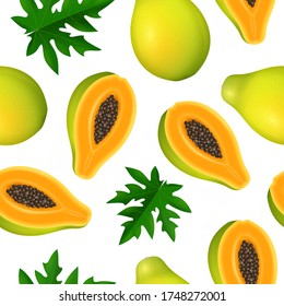 Realistic 3d Detailed Papaya and Seed with Half Seamless Pattern Background on a White Sweet Exotic Tasty Dessert. Vector illustration of Tropical Fresh Fruit