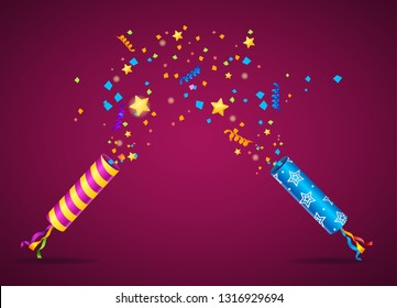 Realistic 3d Detailed Party Popper Card Poster Background Place for Your Congratulation or Ad Text. Vector illustration