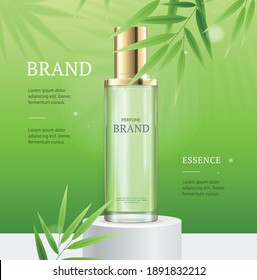 Realistic 3d Detailed Perfume Ads Concept Banner Card Background with Green Palm Leaves for Promotion and Marketing. Vector illustration