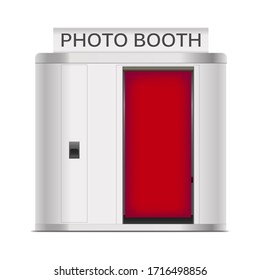 Realistic 3d Detailed Photo Booth Cabin with Red Curtain Service Fast Print Photograph on a White. Vector illustration of Photography Machine