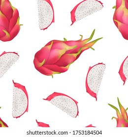 Realistic 3d Detailed Pitahaya with Half Seamless Pattern Background on a White Ripe Fresh Pink Dragon Fruit. Vector illustration of Pitaya fron Thailand