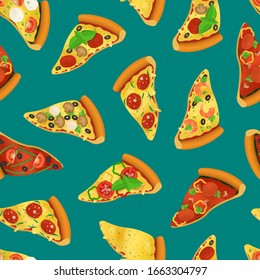 Realistic 3d Detailed Pizza Slices Seamless Pattern Background Italian Fast Food with Tomato and Mushroom. Vector illustration of Slice