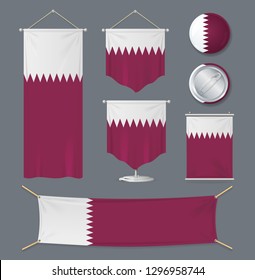 Realistic 3d Detailed Qatar Flag Banner Set Portable Different Type Shape and Size. Vector illustration of Qatari Flags