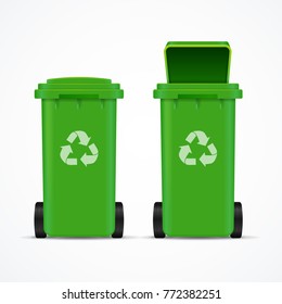 Realistic 3d Detailed Recycled Bins for Trash or Garbage Open and Closed Isolated on White Background. Vector illustration