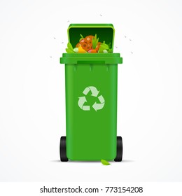 Realistic 3d Detailed Recycled Garbage Bin and Trash Isolated on White Background. Vector illustration of Green Container and Rubbish