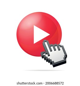 Realistic 3d Detailed Red Bubble Play Button with Pixel Hand Sign. Vector