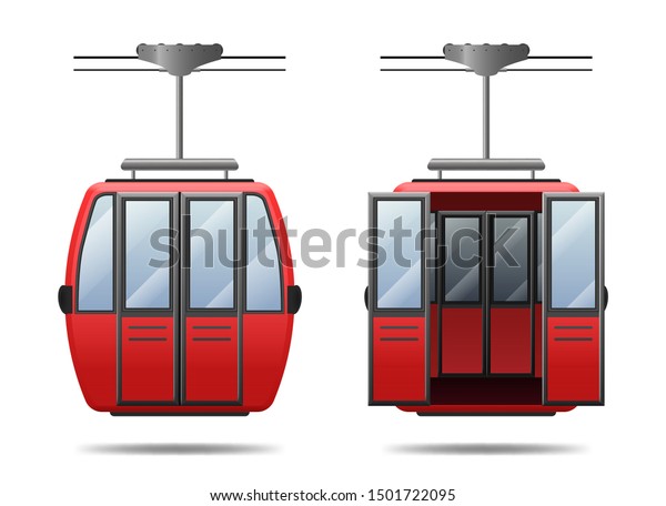 Realistic 3d\
Detailed Red Cabin Cableway Set Different Views Opened and Closed\
Doors for Resort. Vector\
illustration