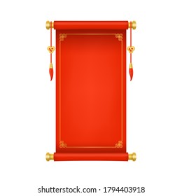 Realistic 3d Detailed Red Chinese Vertical Scroll Traditional Decorative Paper. Vector illustration of Asian Style Hanging Object