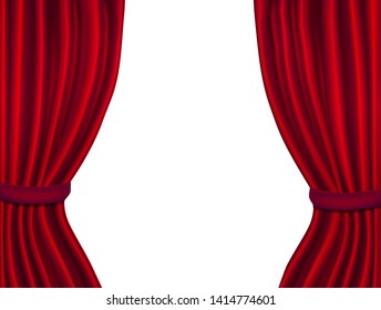 Realistic 3d Detailed Red Curtain Opened View on a White Background Empty Space for Your Text. Vector illustration