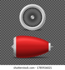 Realistic 3d Detailed Red Jet Engine Set Front and Side View for Aviation Transport. Vector illustration of Turbine