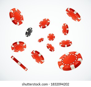Realistic 3d Detailed Red Poker Chips Flying on a White Symbol of Casino Gambling Game. Vector illustration