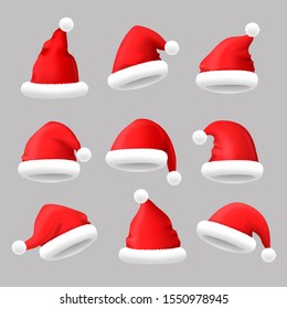 Realistic 3d Detailed Red Santa Hats Set Symbol of Season Holiday and Winter Celebration . Vector illustration of Icons