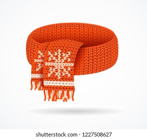 Realistic 3d Detailed Red Soft Winter Knitted Scarf with Snowflake Isolated on a White Background. Vector illustration