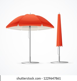 Realistic 3d Detailed Red Summer Cafee Umbrella Set Opened And Closed View for Business. Vector illustration of Parasol